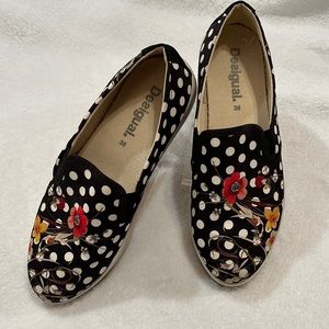 Desigual black canvas sneakers w/white polkadots and flowers . Size 38, US 7.5